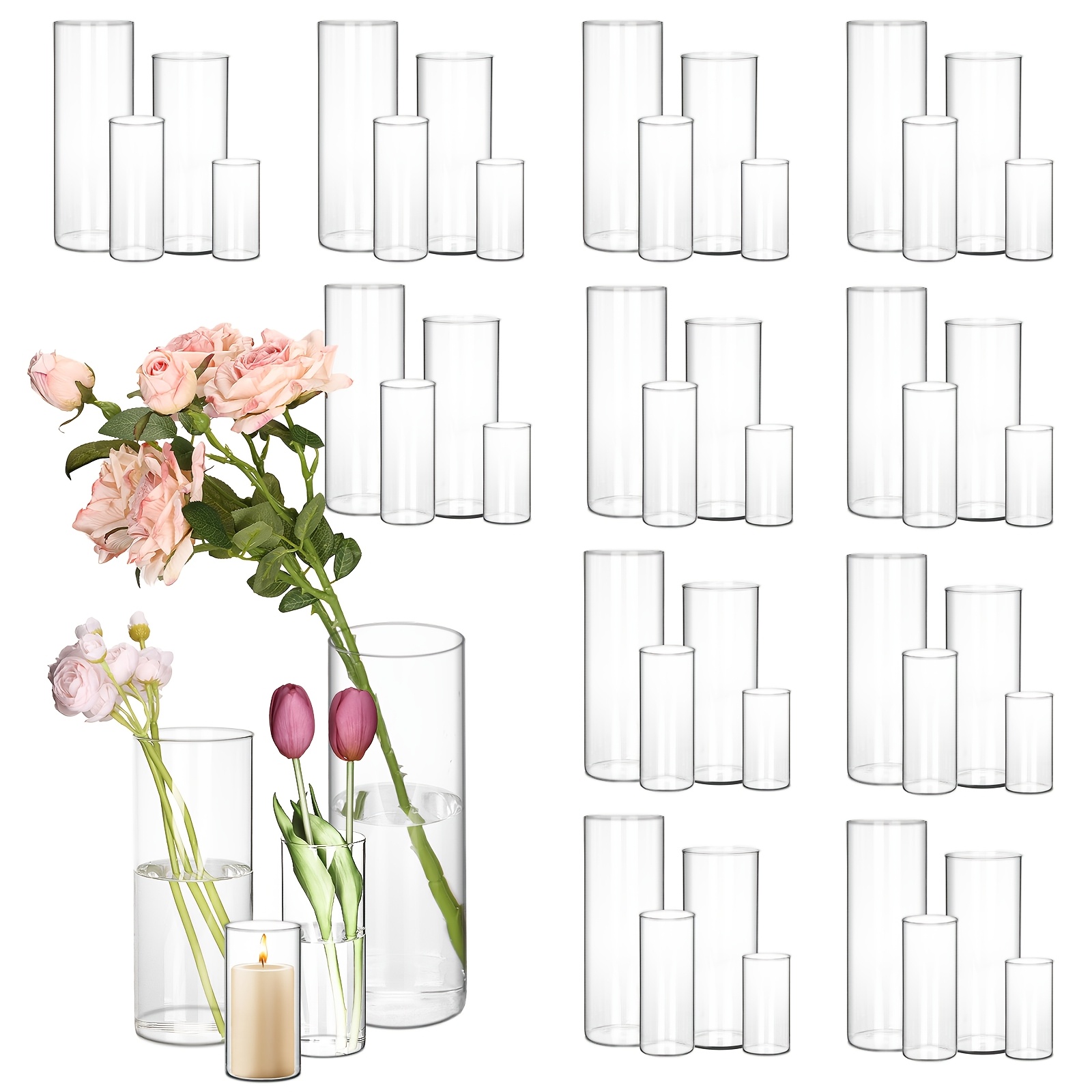 TEMU Tomnk 12/24/36/48pcs Vases Ouragan en Verre Transparent pour Centres de Table, Vases à Fleurs Cylindriques de 4 6 8 10 Pouces de Hauteur, Vases