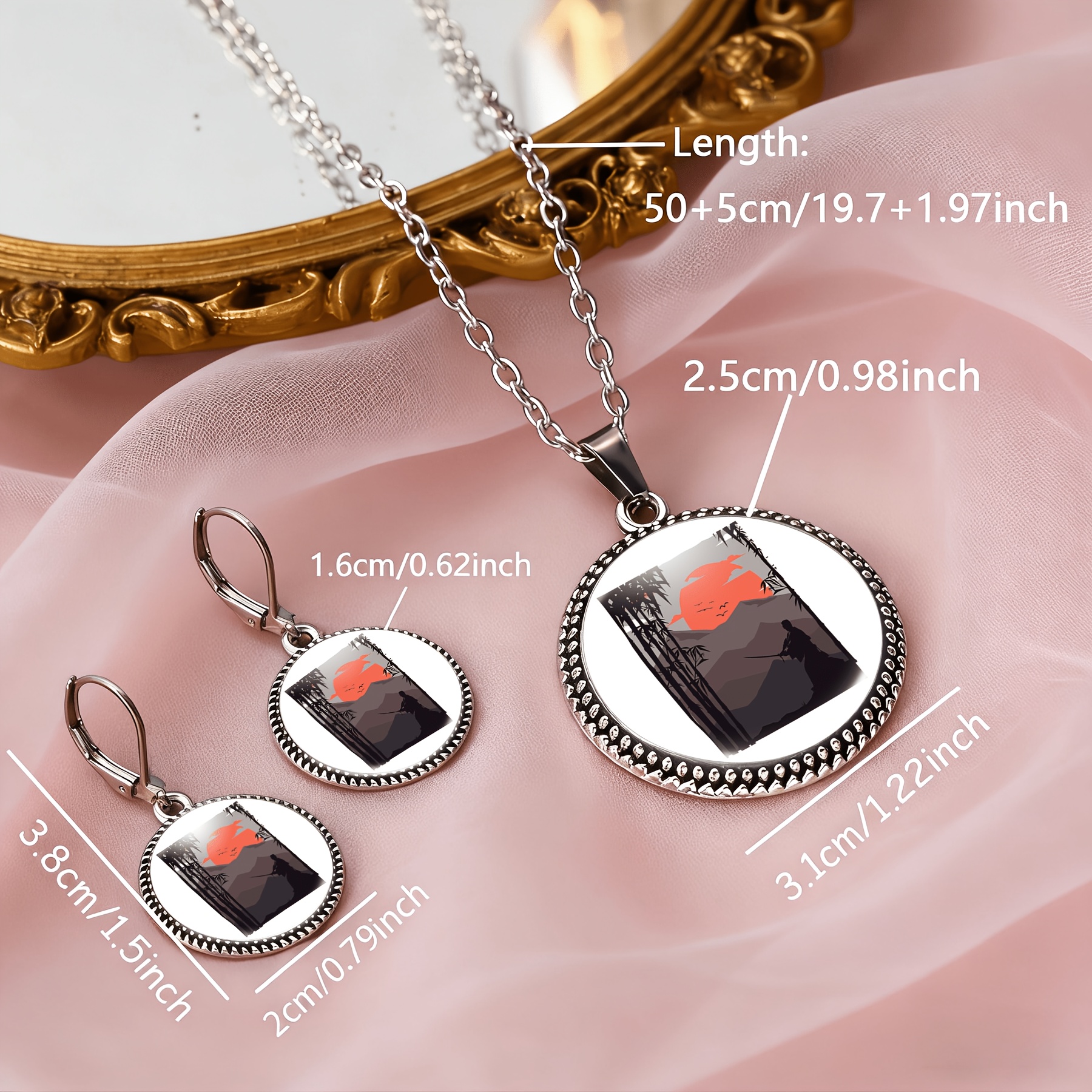 3pc Sunset Mountain Range Samurai Necklace & Earrings Set