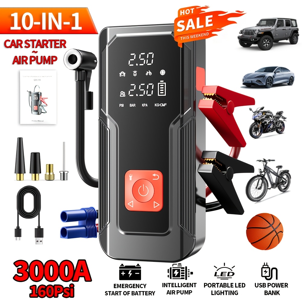 TEMU 3000a Portable Car Jump Starter With 160psi Auto-shutoff Air Inflator, 10 In 1 Car Battery Jump Starter (trucks And Suvs Up To 8l Gas/6l ) 12v