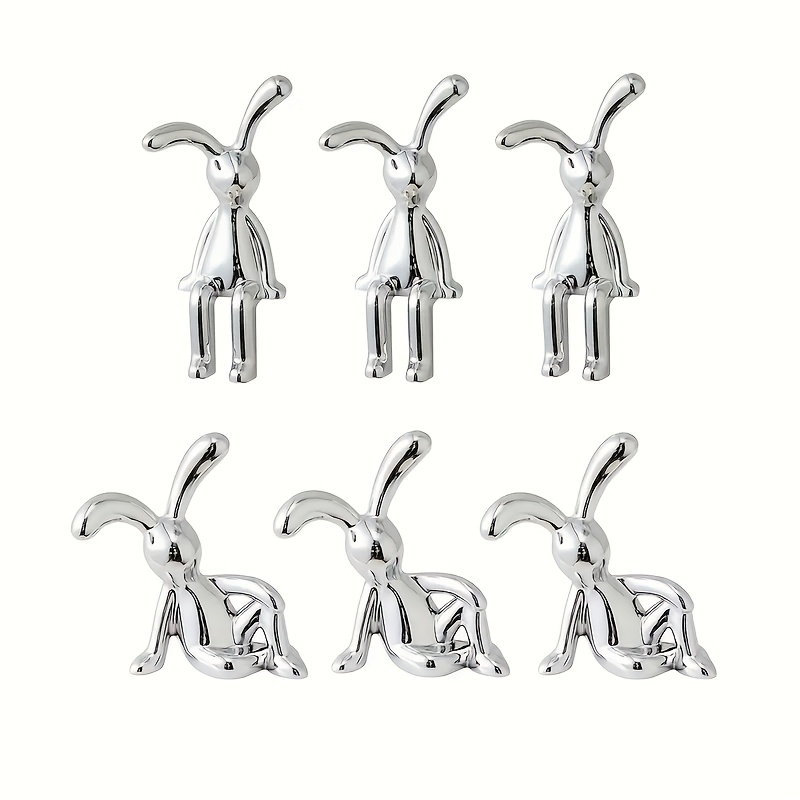 

6pcs Figurines Set, Style Long-ear Bunny Decorations, Plastic Silver, With 3 Upright & 3 Recumbent, For New Year, Car & Home Decor, Indoor Use, Living Room Accents