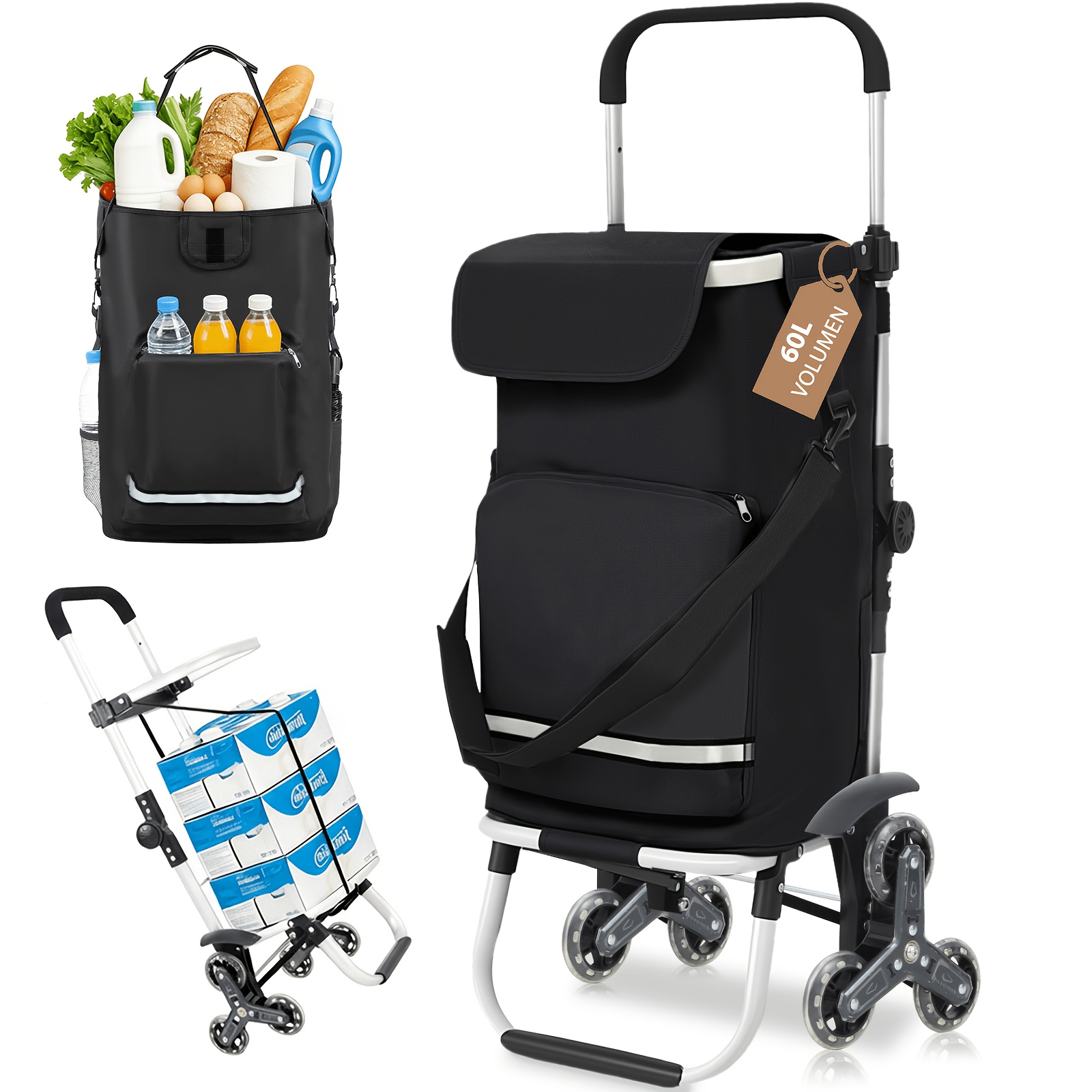 chariot de courses xxl à 3 roues pour   les escaliers, chariot de camping et dépicerie avec poignée réglable en hauteur, chariot 3-en-1, inclut un compartiment isotherme et un porte- 
