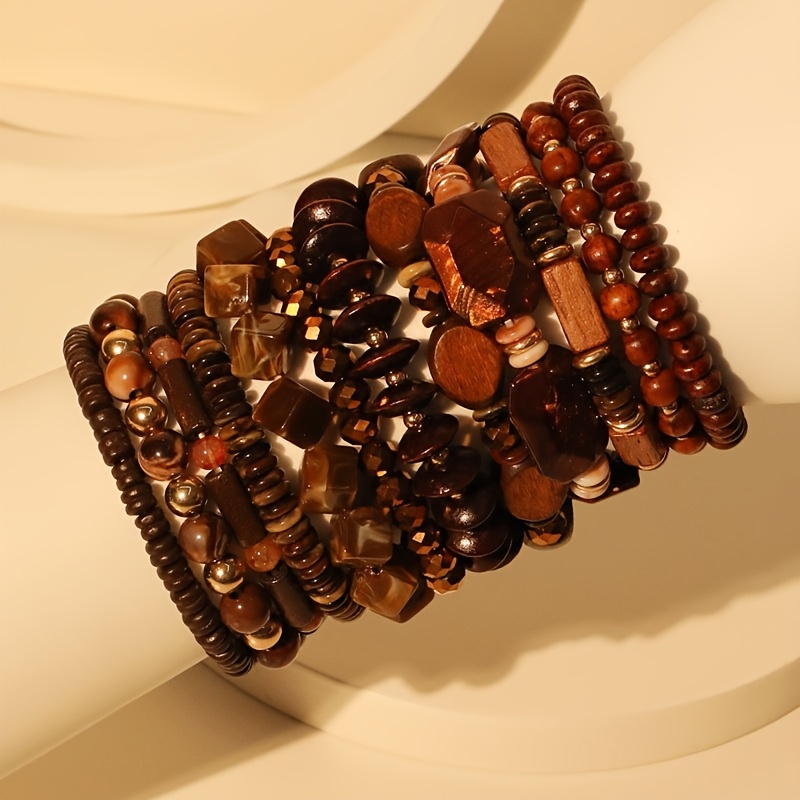 

12pcs Bohemian Geometric Wooden Bead Bracelet Set, Mixed Stackable Women's Bracelets, Ethnic Men's Outdoor Accessory Collection, Random , Brown Wood, No Plating