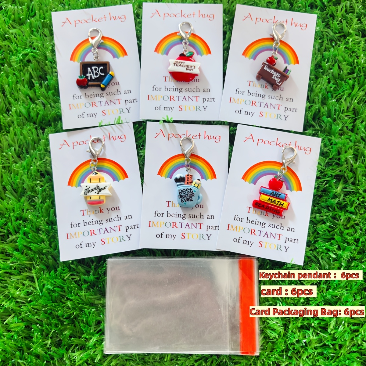 TEMU Gift For Her/him 6pcs Back-to-school Themed Keychain Combo Set, Party Keyring Gift, Includes Thank You Card, Resin Chalkboard-shaped Pen Holder,