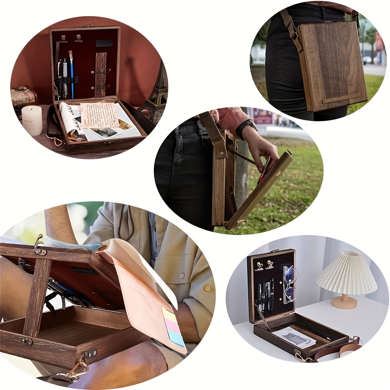 1pc writers messenger wooden box multifunctional handcrafted wooden crossbody bag portable artist toolkit brush storage box   easel for outdoor painting 4