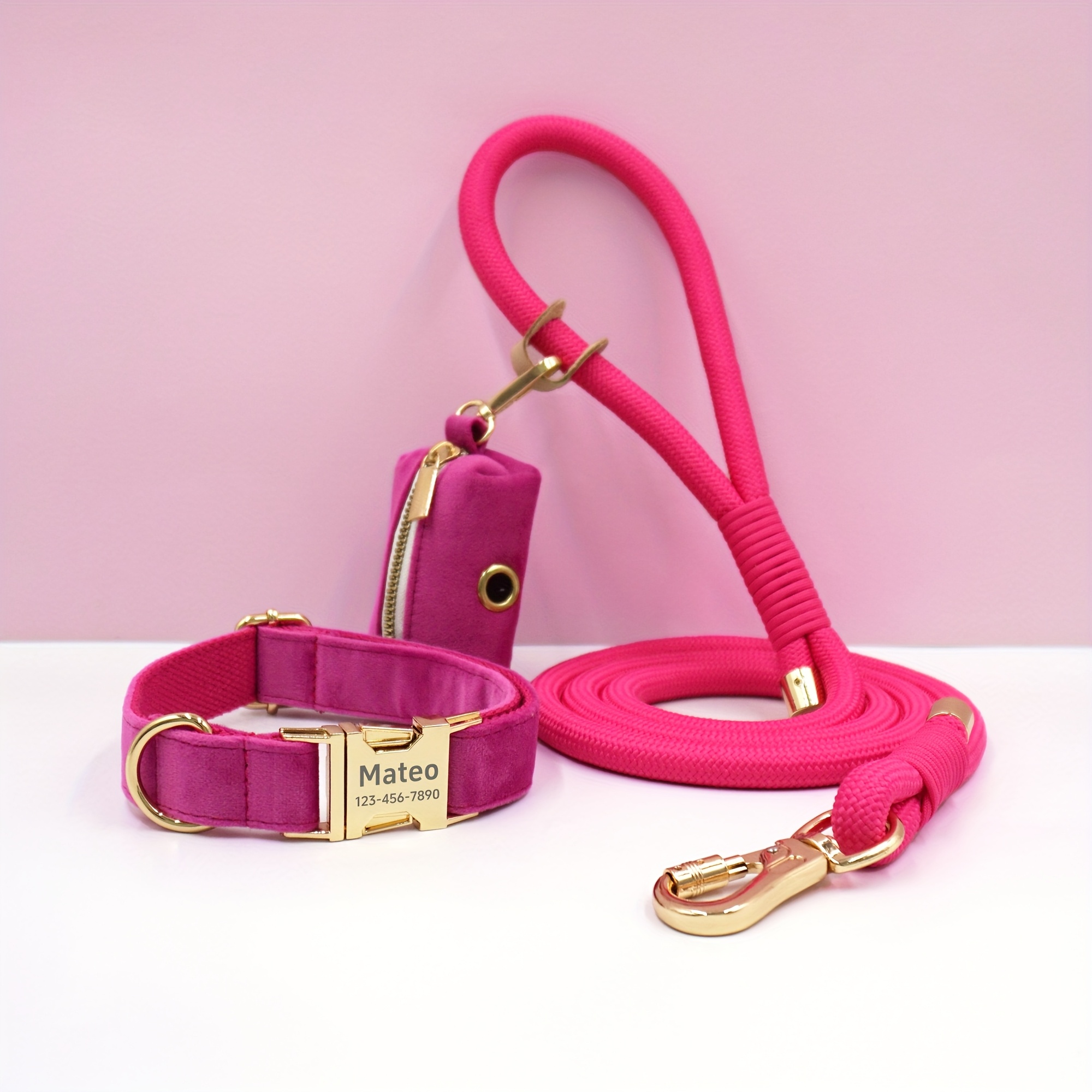 Customizable Soft and Comfortable Velvet Pet Dog Collar with High-Tensile Zinc Alloy Hook Buckle, Hand-Woven Round Rope Waste Bag Set. Free Laser Engraving of Pet Dog's Name and Owner's Phone Number. Dog Birthday Gift, Wedding Gift, Christmas Gift