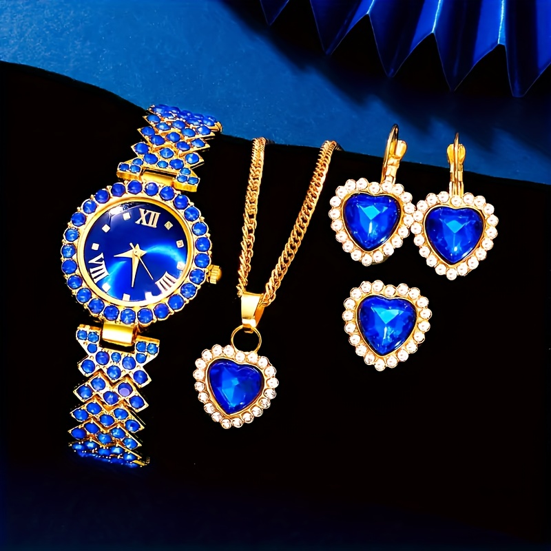 

5pcs/set Klein Blue Fashion Quartz Watch Elegant Rhinestone Wrist Watch & Synthetic Gem Jewelry Set, Valentine's Day Ramadan Gifts For Women Her
