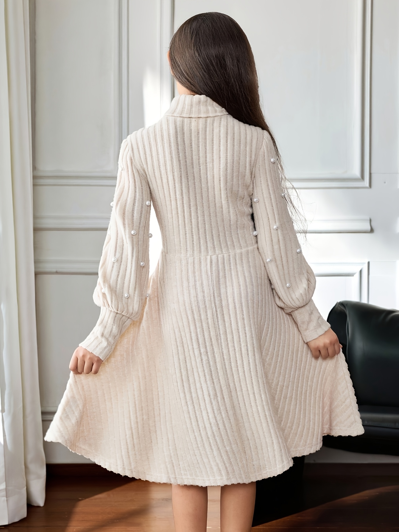 Knit Dress Beige High Neck Dress Lounesse Plus Size Women's High Neck Textured Bodycon Long Sleeve