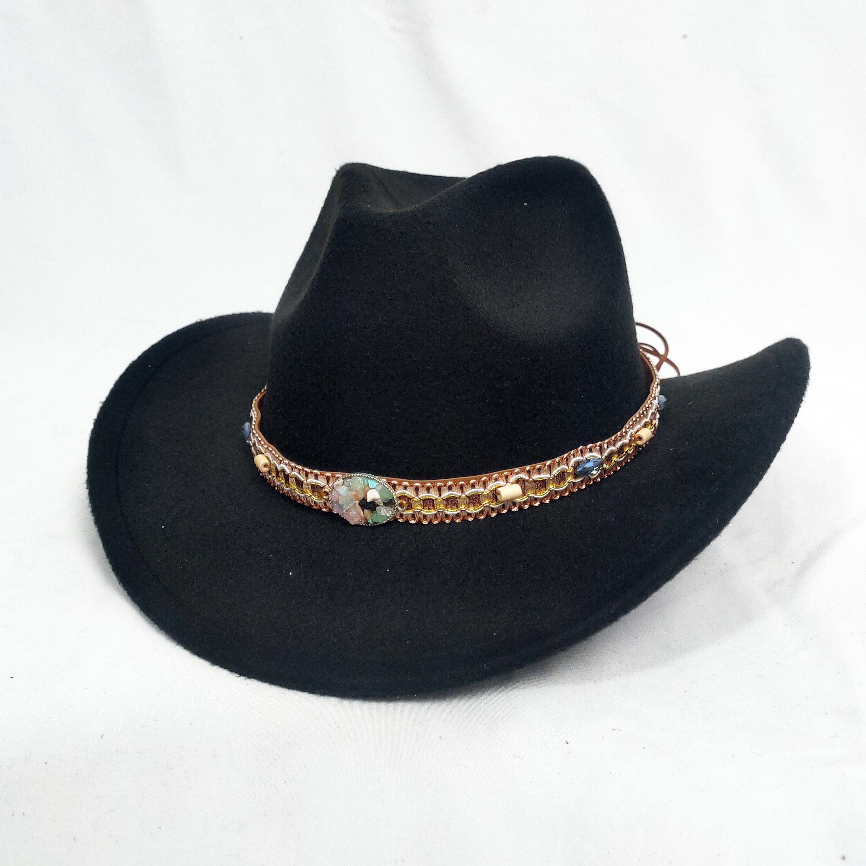 

Western Cowboy Hats With Artificial Gemstone Band, Wide Brim Cowgirl Hat, Solid Color Fedora For Costume And Casual Wear
