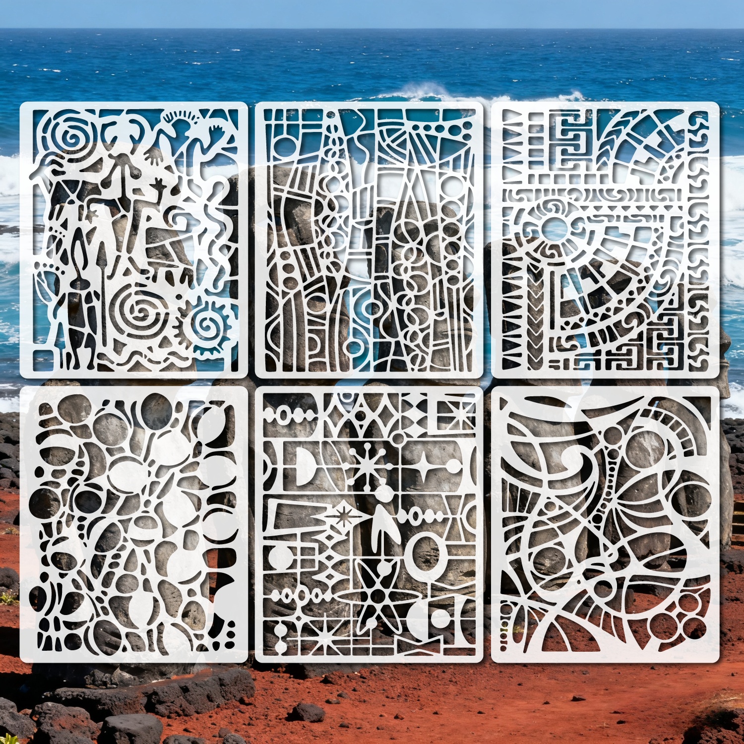 TEMU 6pcs Geometric Stencil Reusable For Painting With Paint Brush Drawing Templates For Crafts Wall Art Furniture Canvas And For Diy