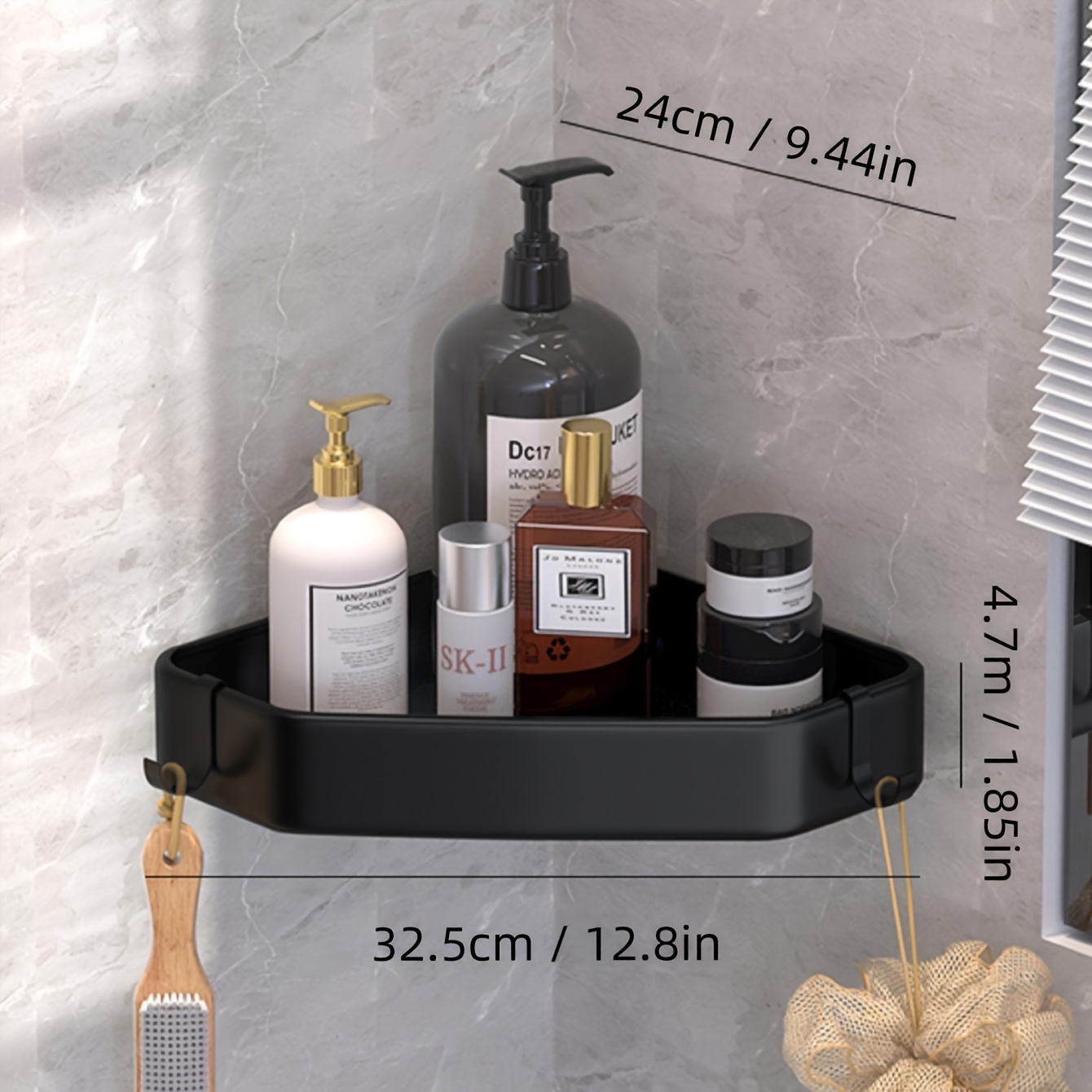 Image of 1pc Sleek Gunmetal Gray Corner Bathroom Shelf - Rustproof, No-drill Wall Mounted Metal Storage Rack With Towel Bar & Toothbrush Holder For Modern Bathrooms, Shower Caddies