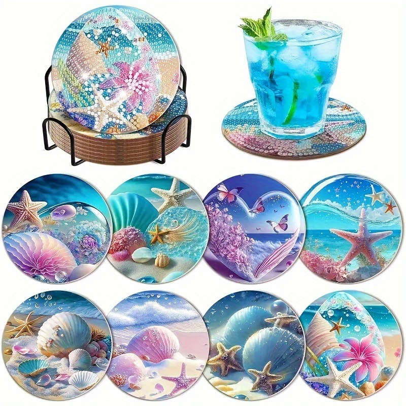 

Ensemble de 8 sous-verres en peinture diamant avec support - Thème océan, de diamant rond, kit de bricolage, motif coquillage et de mer, fournitures d'art en mosaïque, matériau en bois