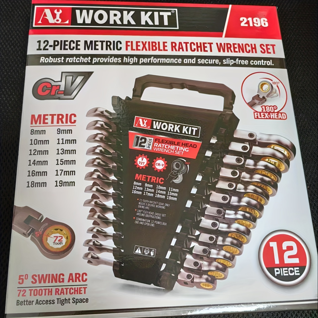 TEMU 12pcs Flex-head Metric Ratcheting Wrench Set, Metric Size 8-19mm, Ratchet Combination Wrenches Set With Organizer, 72-teeth, Chrome Vanadium