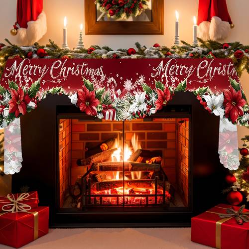 1pc retro winter christmas floral decoration with merry christmas patterns printed fireplace towels party supplies tablecloths or stove covers room fireplace door and window decorations