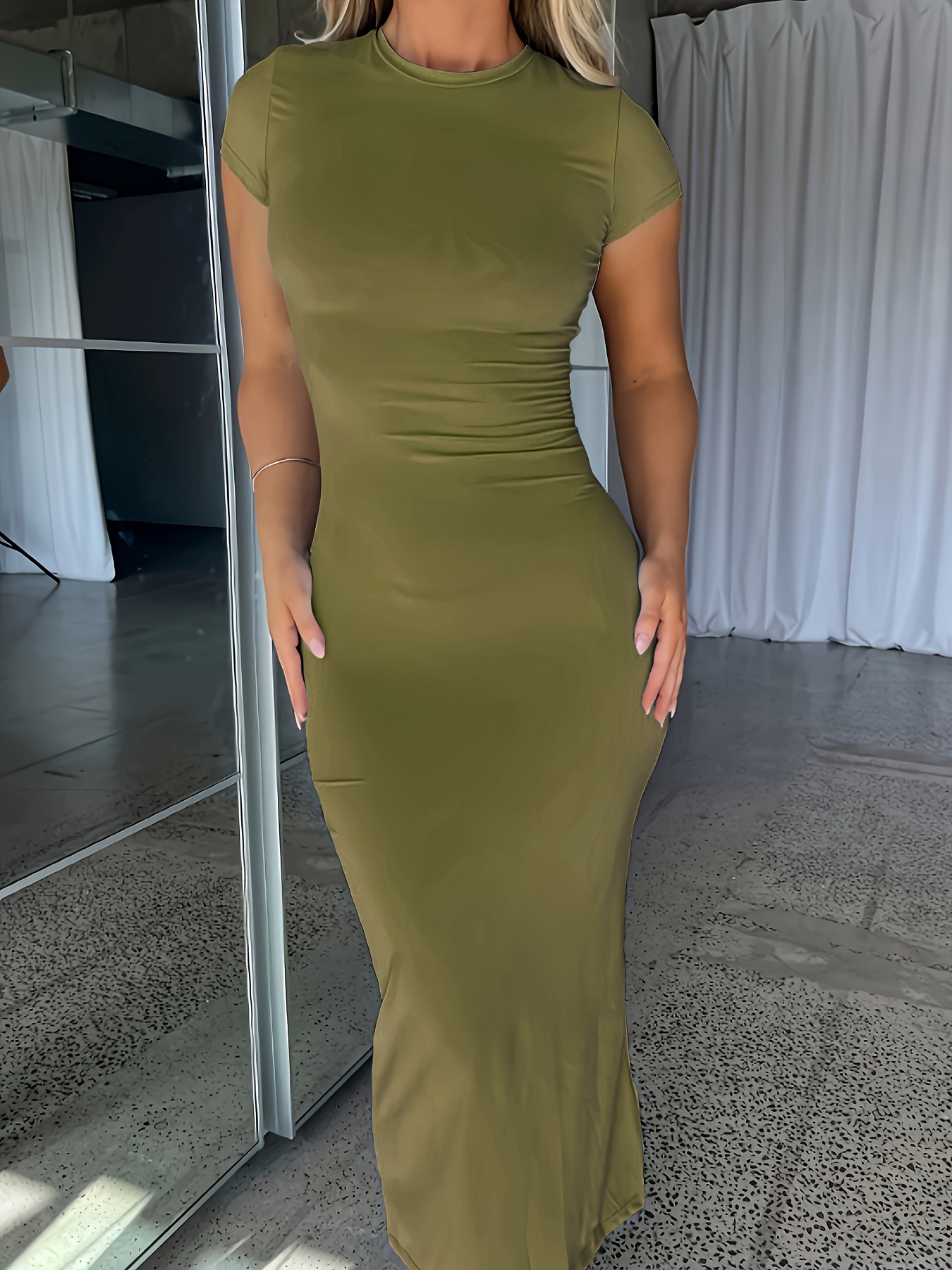 Women's Bodycon Pencil Dress - Sexy Round Neck Short Sleeve Long Sleeveless Alternative - Machine Washable Stretchy Fabric - Solid Color Elegant Office to Party Wear, Formal Occasion, Formfitting Silhouette, Smooth Texture, Professional Women