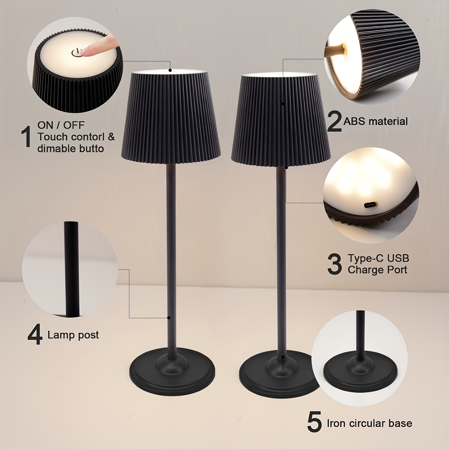Two-Pack Portable LED Rechargeable Desk Lamps with Touch Control