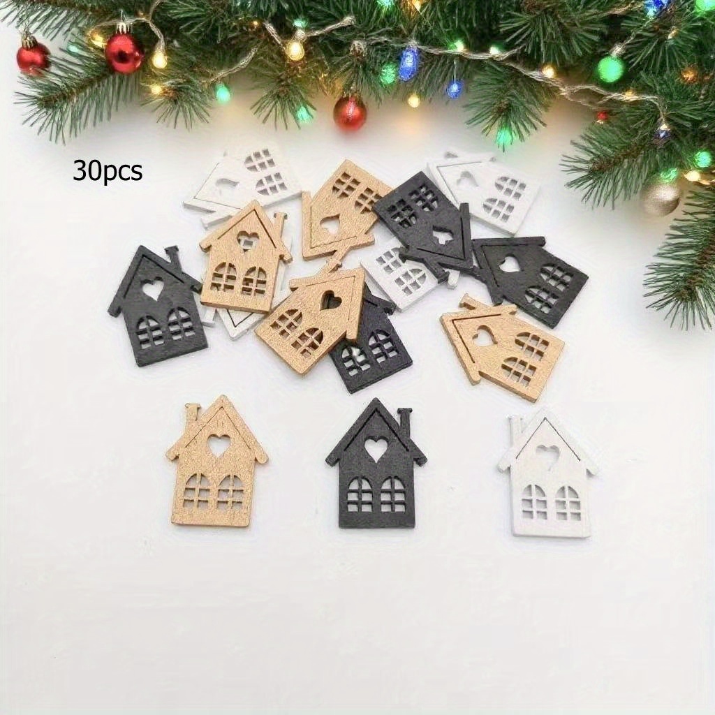 Image of 30pcs Small Statue Ornaments, Wooden House Ornaments, 3 Colors Mixed, Black, Golden And White, Suitable For Christmas Table Decoration And Living Room Decoration