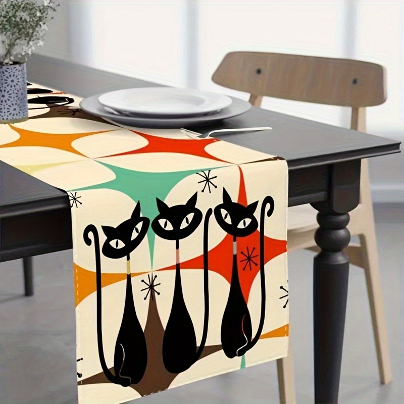 

Vintage-inspired Halloween Table Runner With Cat Design - Polyester, (teal, Cream, Brown, Orange, Mustard) - Holiday Dining & Decor