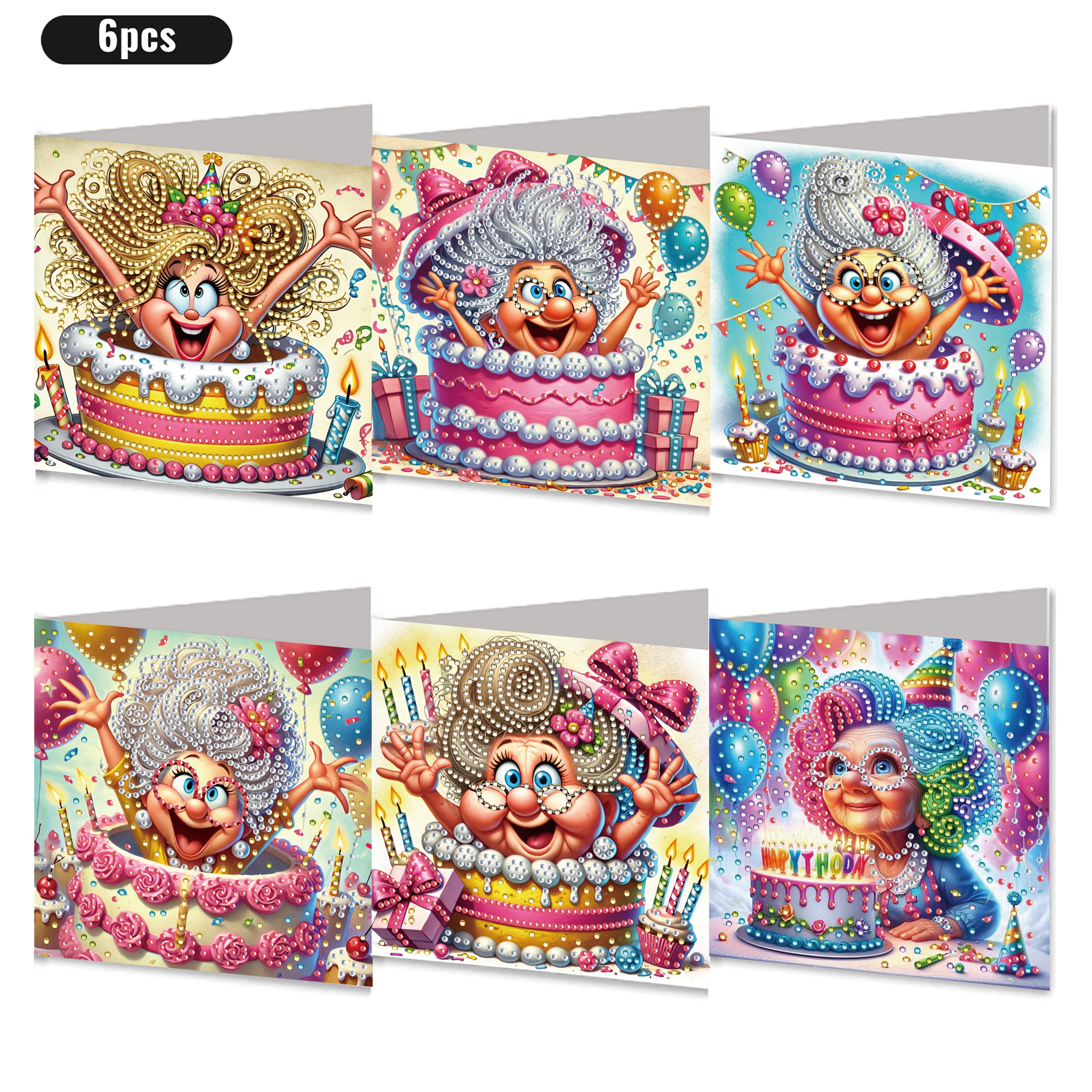 Image of A Set Of 6 Creative And Fun Diamond Painting Greeting Cards Themed For Birthday, Featuring Unique Rhinestone Art Embedded In The Cards. It Includes 6 Envelopes And From High-quality Craft Paper