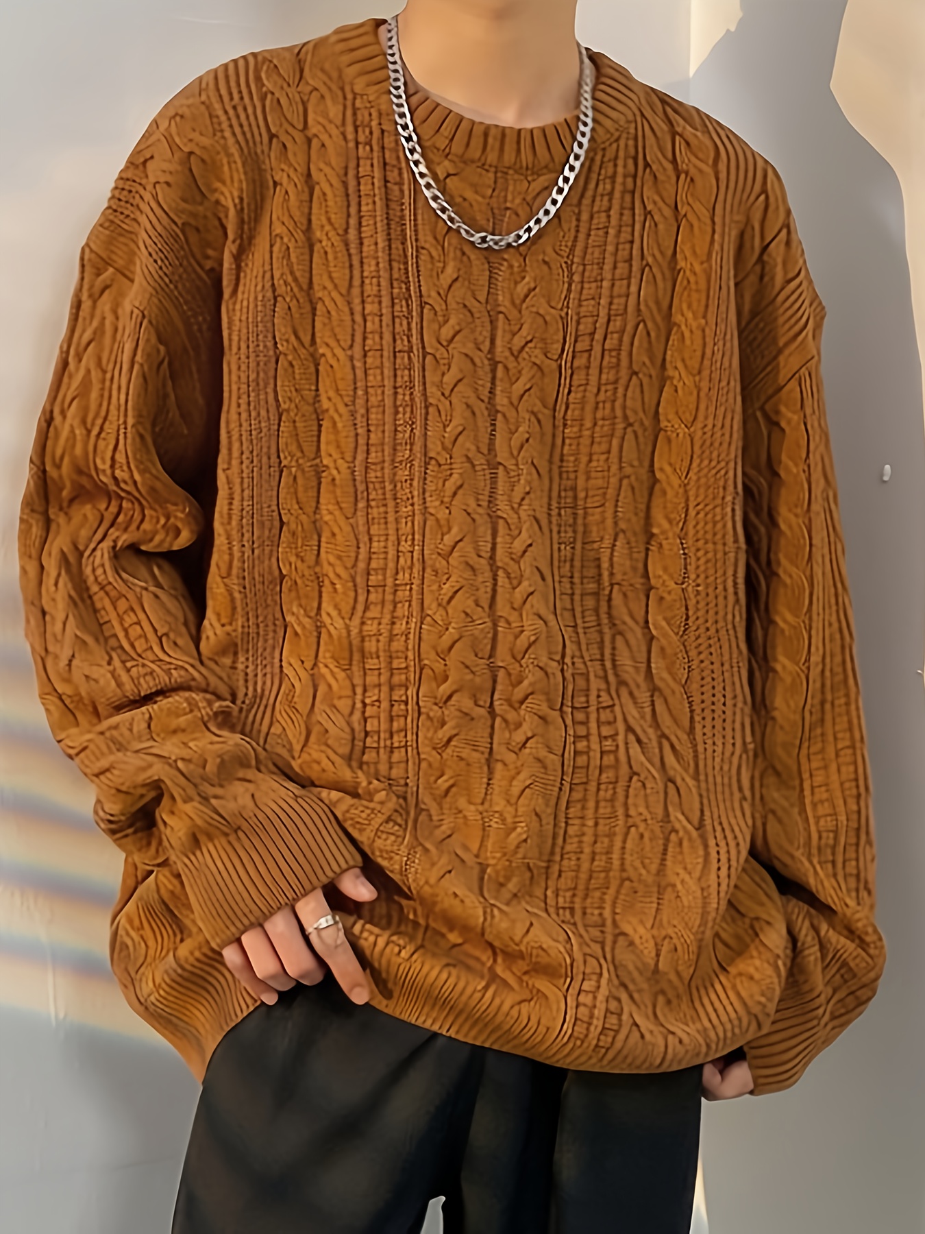 mens stylish crew neck sweater cozy acrylic knit pullover with geometric pattern long sleeves and fringe detail for fall winter casual streetwear winter apparel fringe detail sweater knitted texture sweater   size rust 0