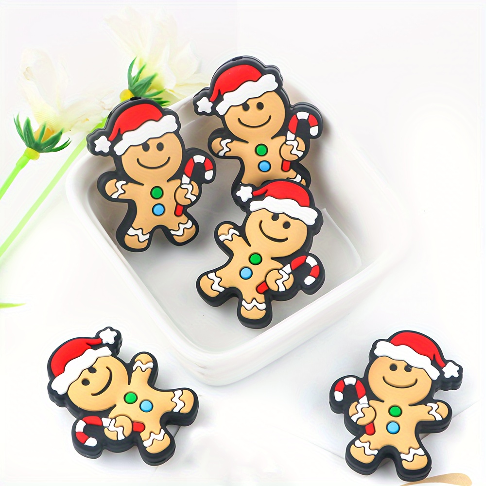 

10pcs Christmas Gingerbread Man Silicone Beads, Santa Hat Bead Assortment For Diy Crafts, Keychain Charms, And Pen Decorations