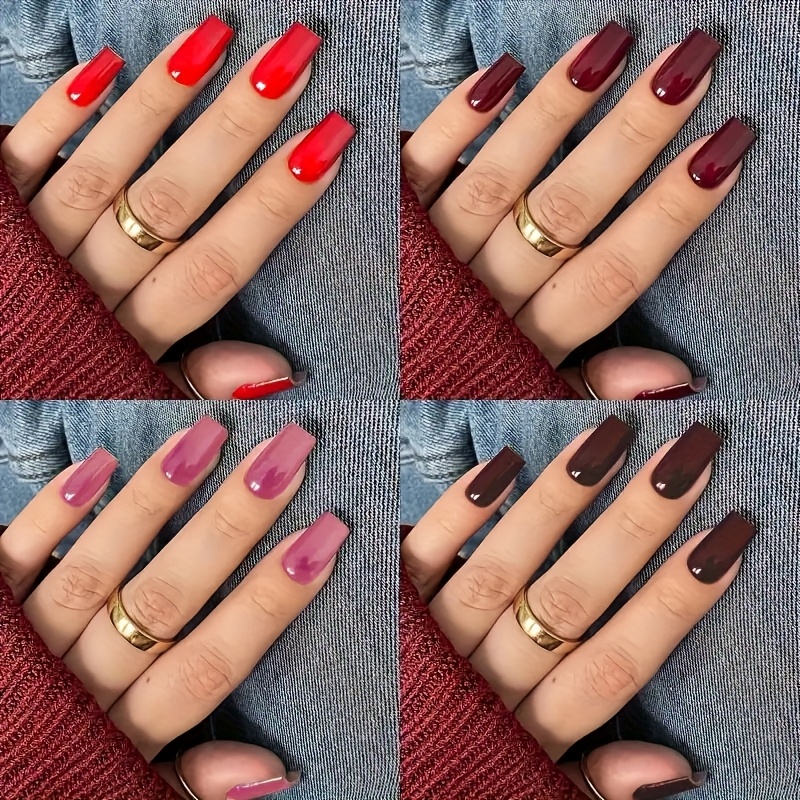 TEMU 96pcs Glossy Solid Color Medium Square Nail Tips - Red, Burgundy, Dusty Rose, Black, Mixed Winter False Nails For Parties And Daily Use