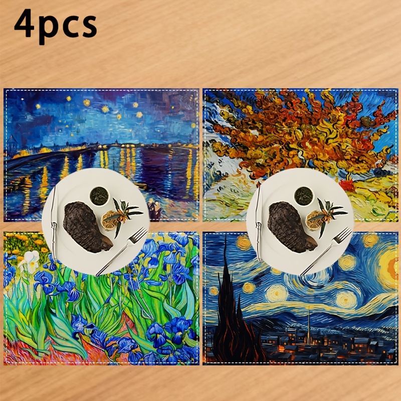 TEMU Set Of 4 Placemats Featuring Van Gogh-style Watercolor Designs - Abstract Starry Night And Flowers - 30.48x45.72 Cm Rectangular Table Mats,