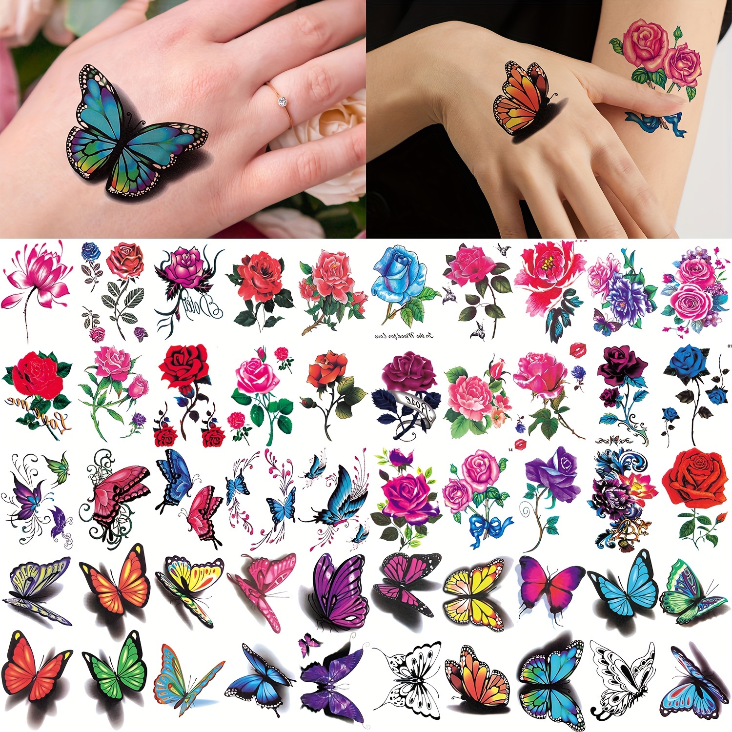 

50pcs Oblong Temporary Tattoos For Women And Girls, Waterproof 3d Flower And Butterfly Fake Tattoo Stickers, Colorful Body Art Sleeve Decor.