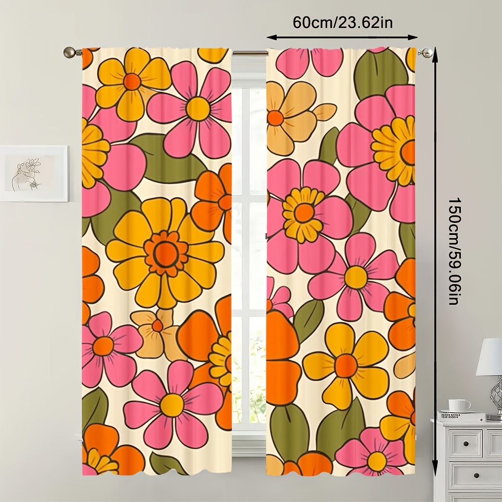 TEMU 2pcs Retro 70s Floral Print Curtains - Vibrant Yellow, Flowers On Beige Background, Semi-transparent Polyester Fabric, Rod For Living Room &