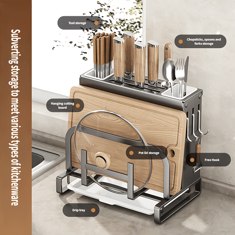 TEMU Multi-functional Kitchen Storage Rack | Wall-mounted Knife Holder   Cutting Board Holder   Lid Holder. For Drilling Holes. Can Store Kitchen