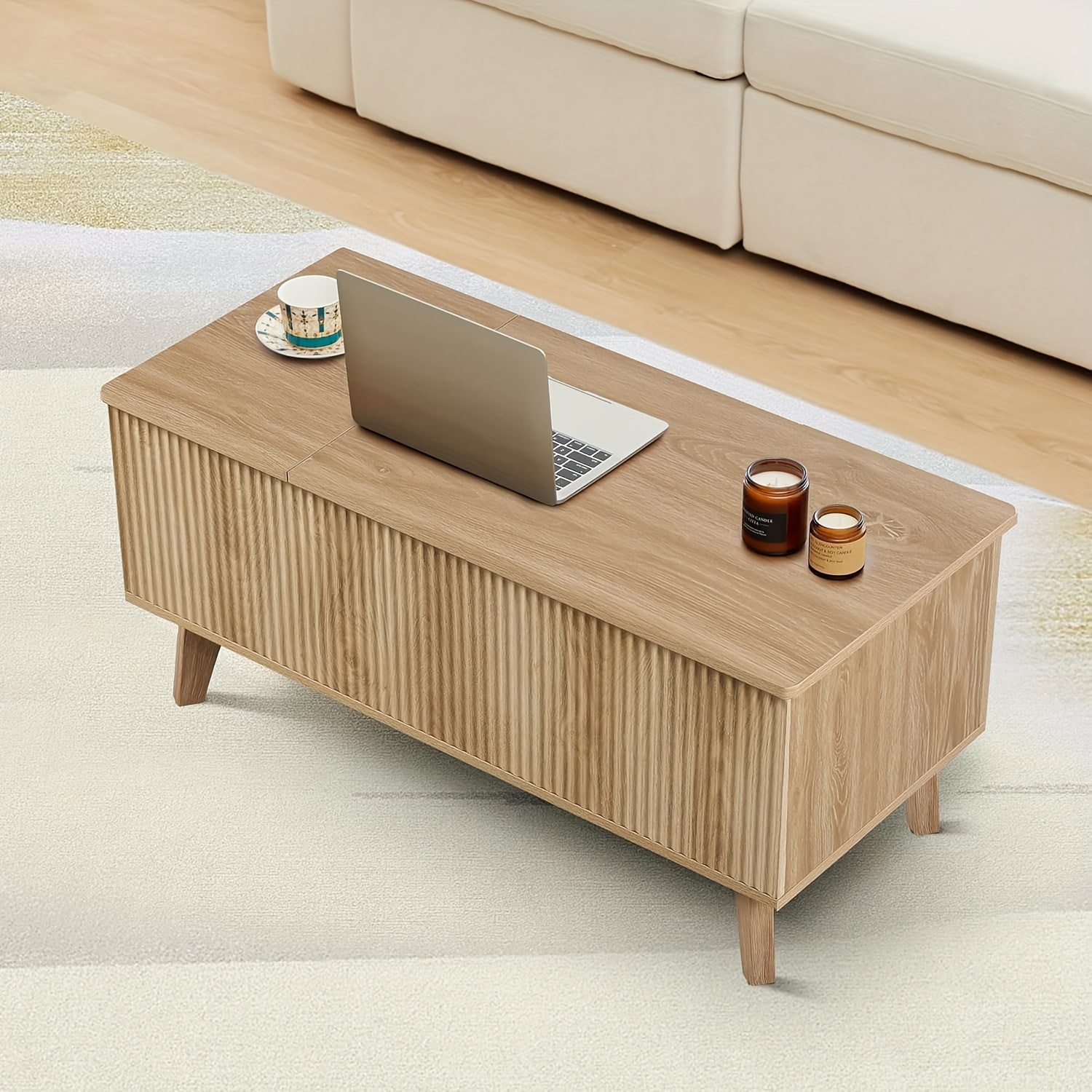 Wooden Fluted Lift Top Coffee Table With Hidden Compartment, Modern Rectangle Center Tables With Adjustable Storage Shelf, Lift Tabletop Dining Table For Room Office