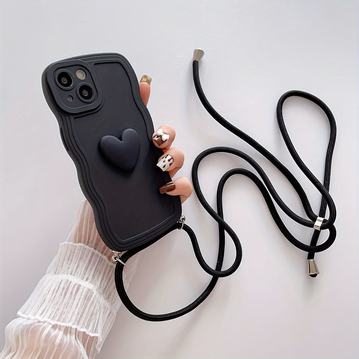 

1pc Solid Color Cute 3d Love Wave Lanyard Mobile Phone Case Suitable For Apple 11 12 13promax Mobile Phone Case Iphone14plus Max Anti-fall Protective Case 7g 7p 8p Xs Xr