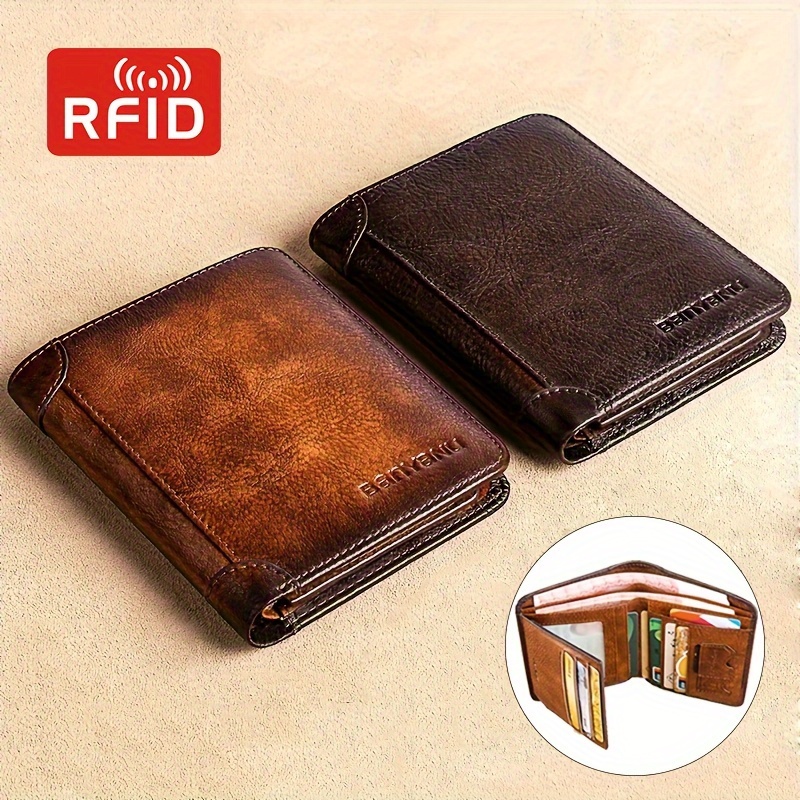 

1pc Premium Top Layer Cowhide Rfid Blocking Wallet For Men, Minimalist Portable Casual Bifold&tri-fold, Crafted From Genuine Leather For Durability