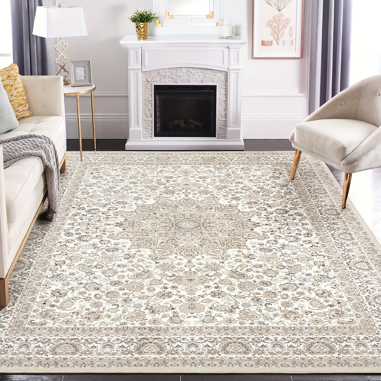 

Area Rug Persian Style Non-slip Floor Mat, Machine Washable Rugs For Living Room Bedroom Game Room Laundry Room Dormitory Carpet Home Decoration, Color Beige