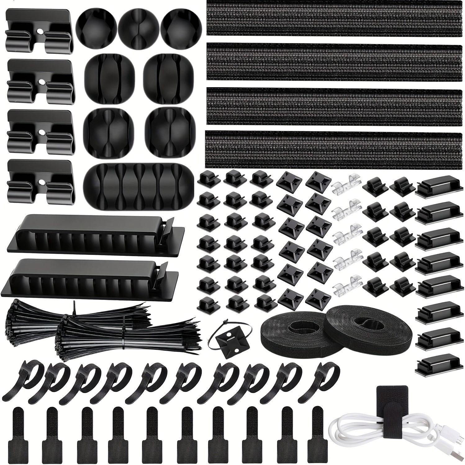 E-shop 313-tlg. Kabelmanagement-Set: 4 geteilte Kabelhülsen, 35 Kabelclips, 12 Kabelhalter, 22 Kabelbinder, 30 selbstklebende Kabelhalterungen, 200