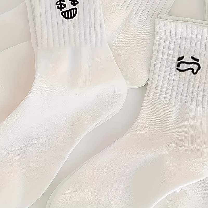 White 5-Pair Pack Cartoon Mid-Calf Socks, Unisex All-Season