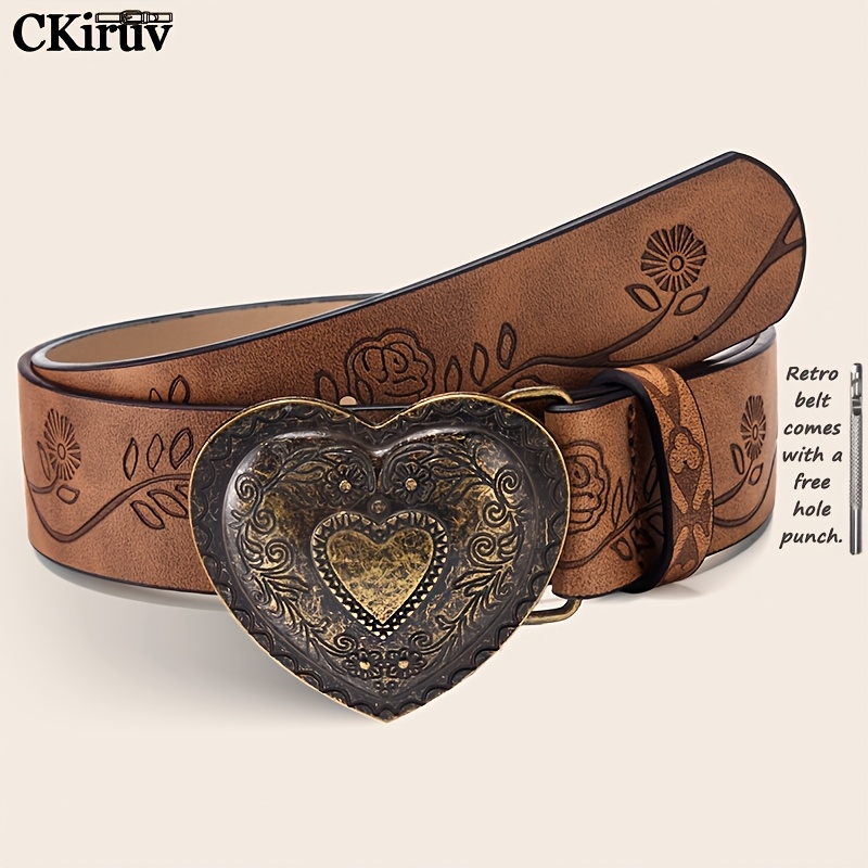 Image of 1pc Women's Vintage Carved Heart Print Belt, Flexible And Durable, Exquisite . Features Intricate Carved Heart And Western Design, Includes Hole Punch. Adjustable For Jeans, Dresses
