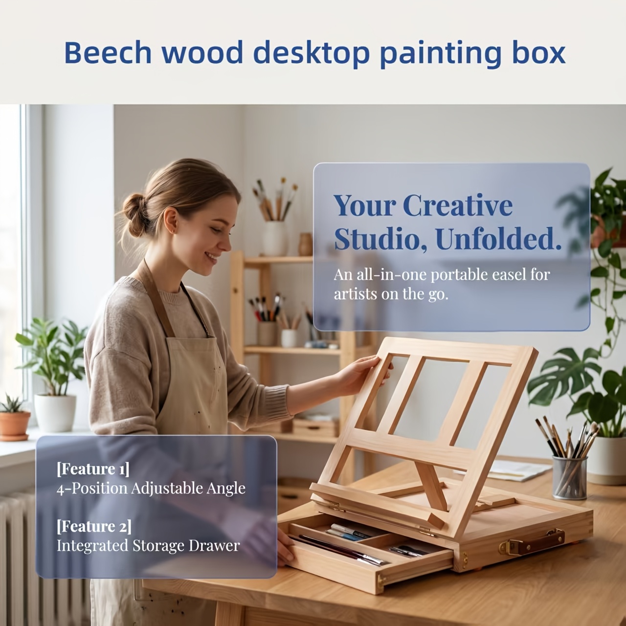 TEMU Portable Folding Easel With Wood Desk Case - 4-position Drawer Suitable For Sketching, Painting, Tablet Stand & Bookshelf | Collapsible Drawing