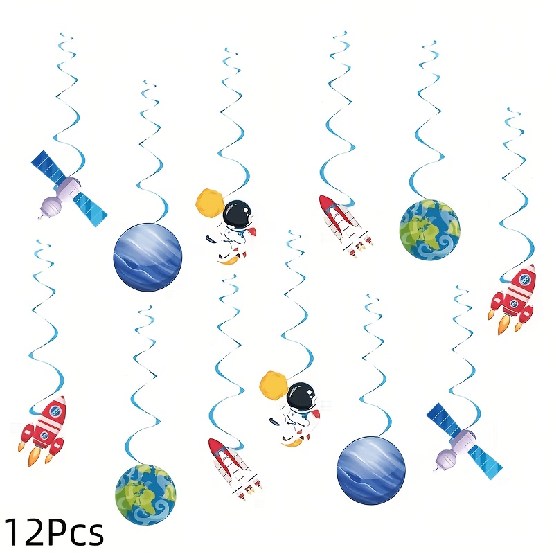 Image of 12pcs Space Party Decorations Hanging Swirls, Outer Space Theme Supplies, Including Planet Rocket Astronaut Spaceship, Birthday Party Decorations