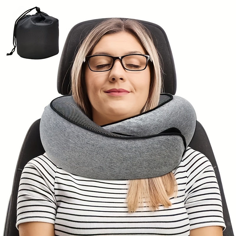 1pc ergonomic u shaped memory foam travel pillow   neck support with soft slow rebound non deforming airplane cushion knitted polyester cover spot clean   free carry bag details 0