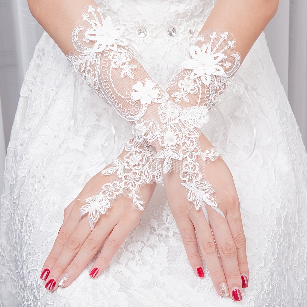 TEMU Gants élégants en tulle de dentelle florale avec strass et fausses perles