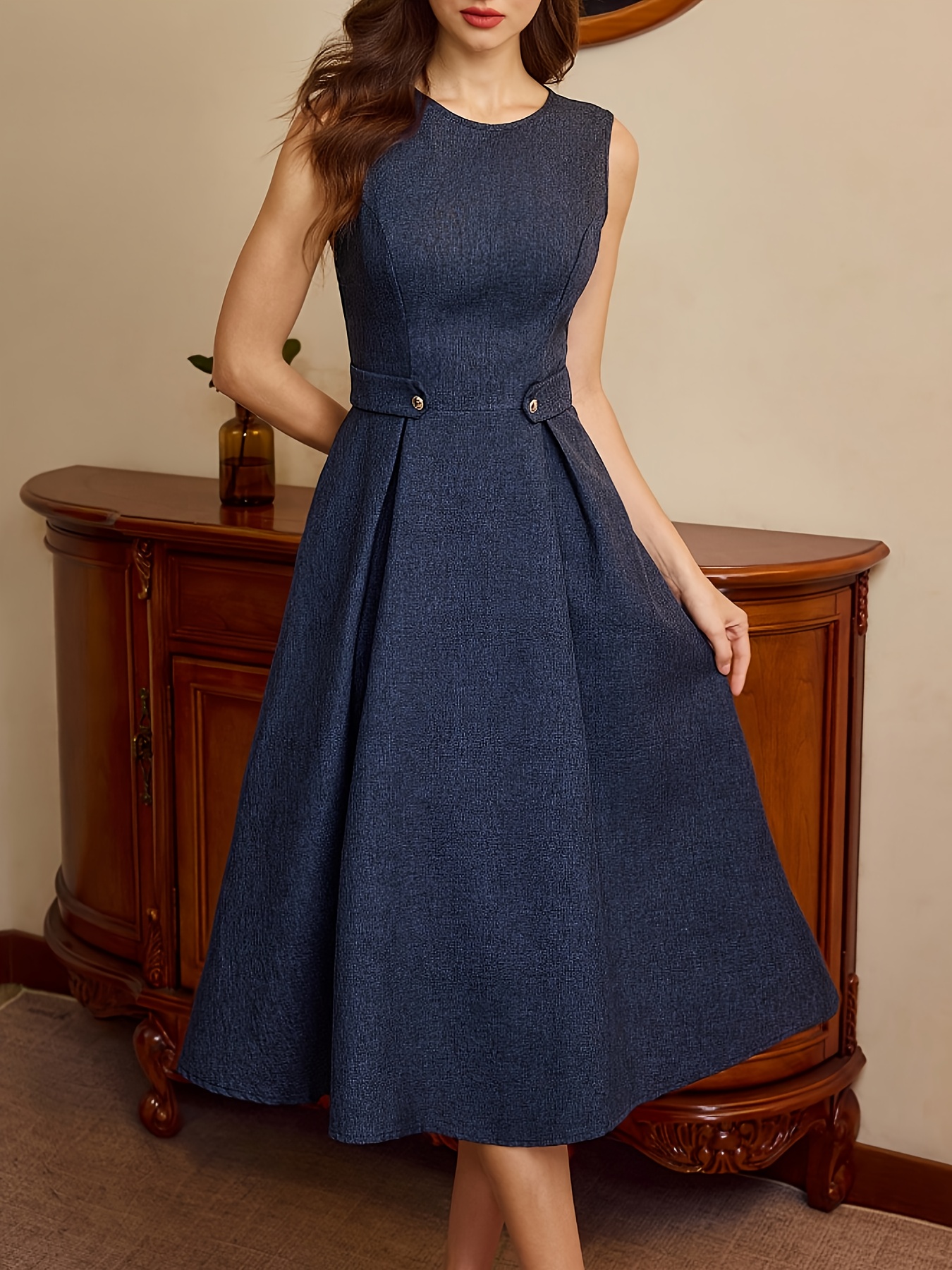 dj1125125 left jia   womens spring summer elegant sleeveless round neck waist cinching a line midi dress womens elegant dress business casual dress vacation suitable for dating outfits