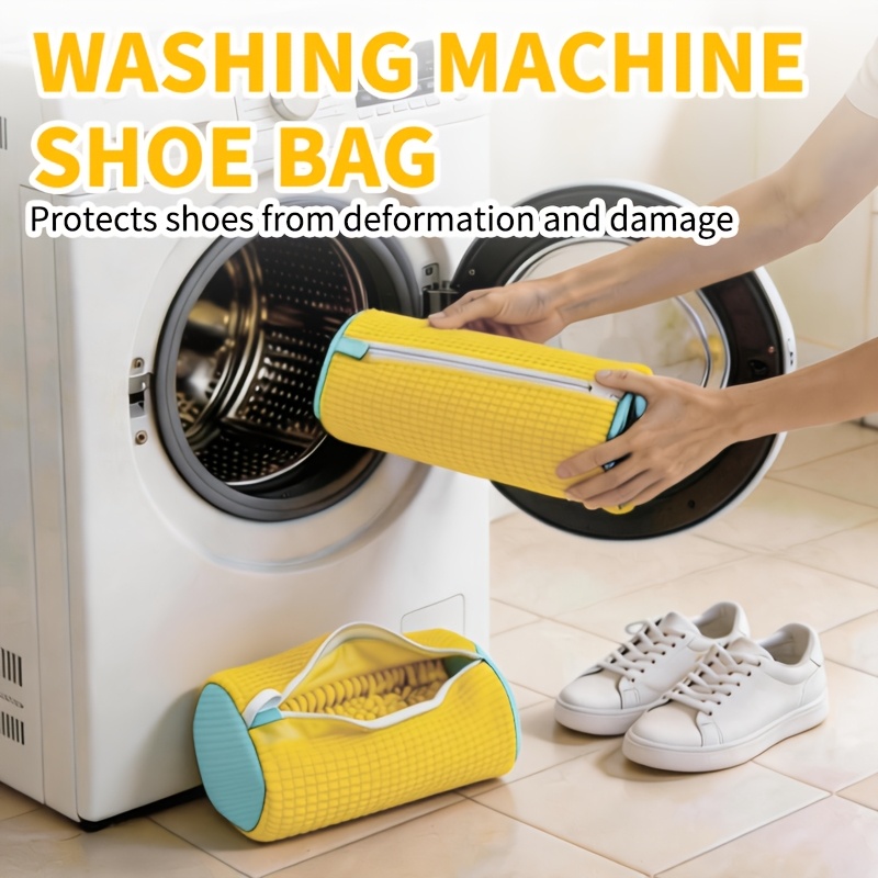 TEMU Shoe Washing Bag For Washing Machine, Fluffy Fiber Maintains 360° Cleaning, Durable Zipper Reusable Bag, Oval Protective Laundry Bag For
