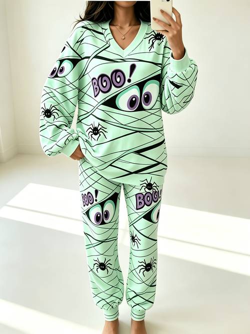women halloween eye boo print 2pcs loungewear outfit loose crew neck long sleeve sweatshirt and jogger pants soft casual sleepwear for fall halloween holiday
