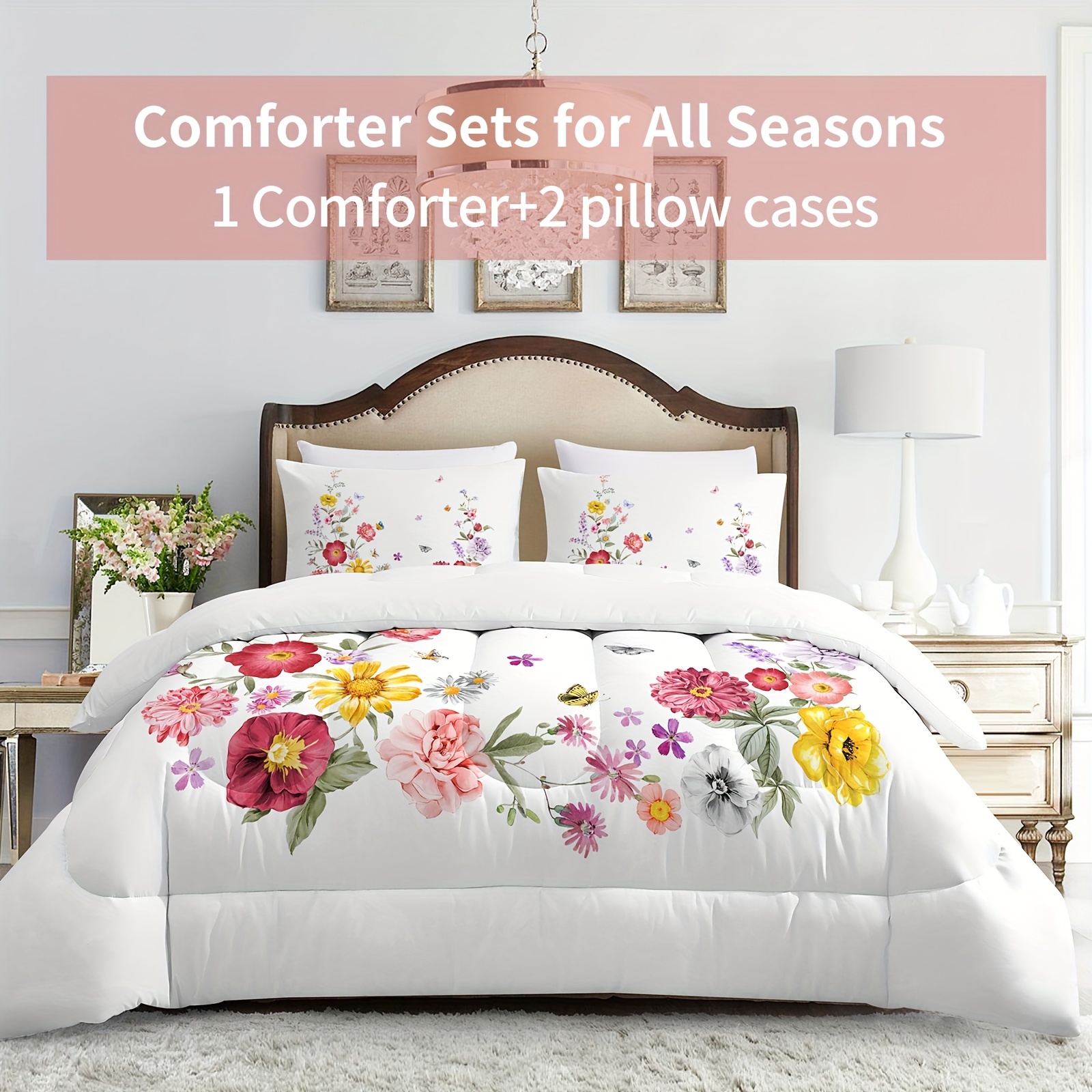 

A Large Comforter Set, 3pcs Bedding Quilt Set (1 Printed Quilt And 2 Pillowcases), Featuring Floral Prints, Lightweight Ultra- Suitable For All As A Substitute For A Duvet.