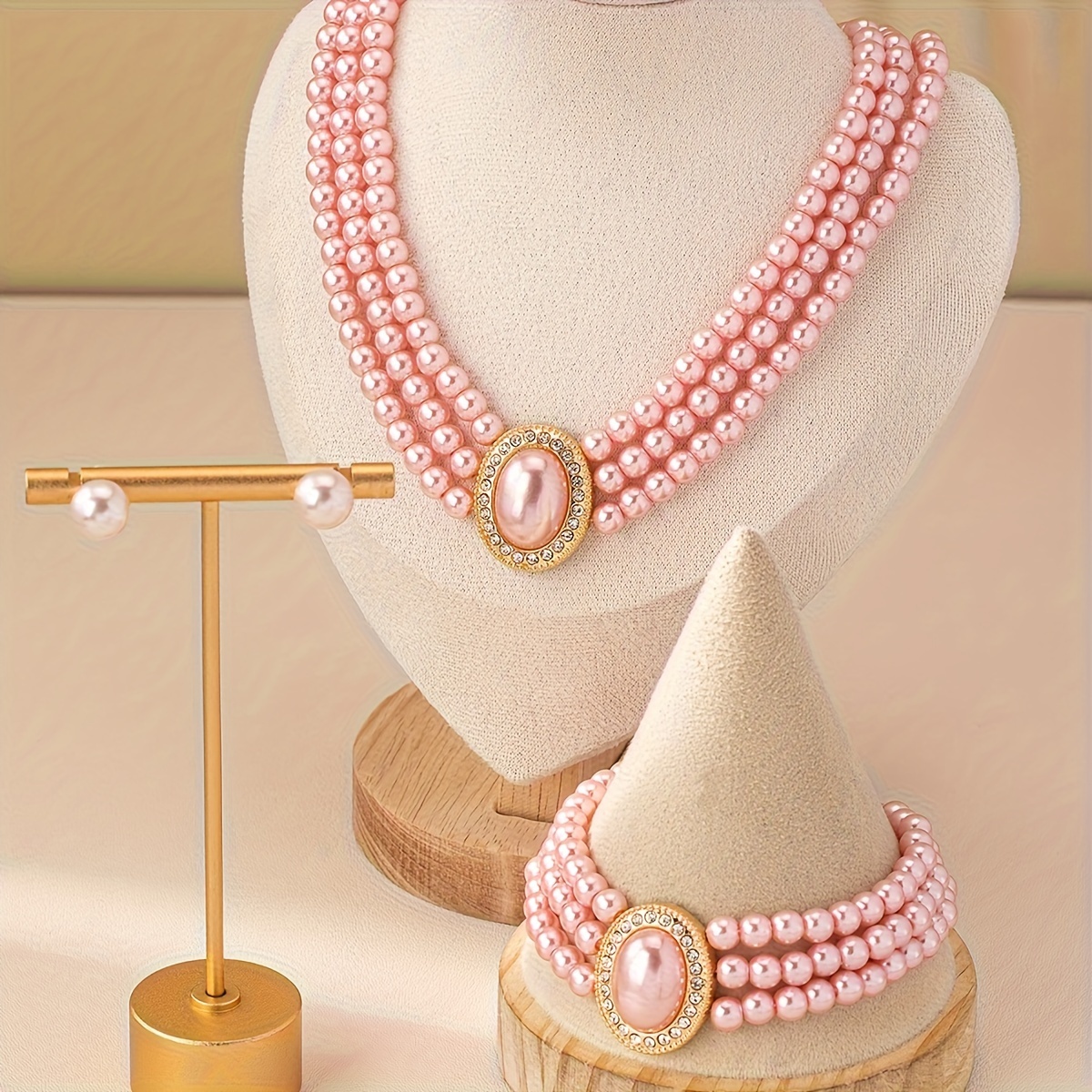 Layer Necklace Set Light Pink Earrings Bracelet Casual Attire Gift