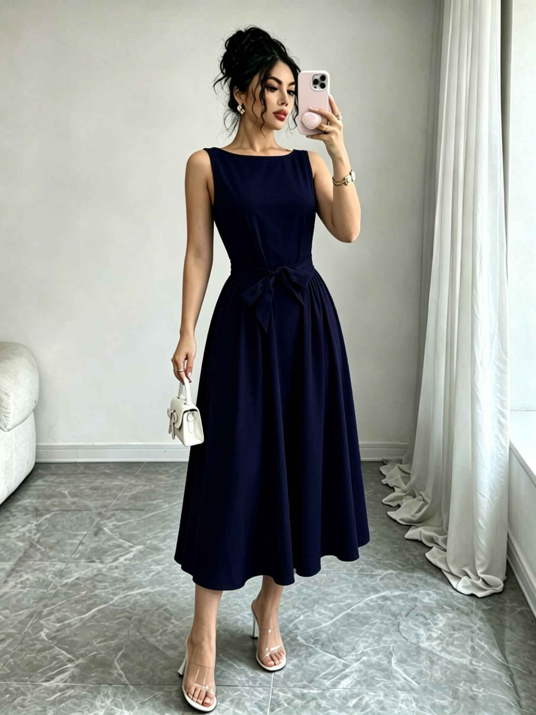 womens elegant sleeveless midi dress a line silhouette solid   suitable for casual   and daily wear
