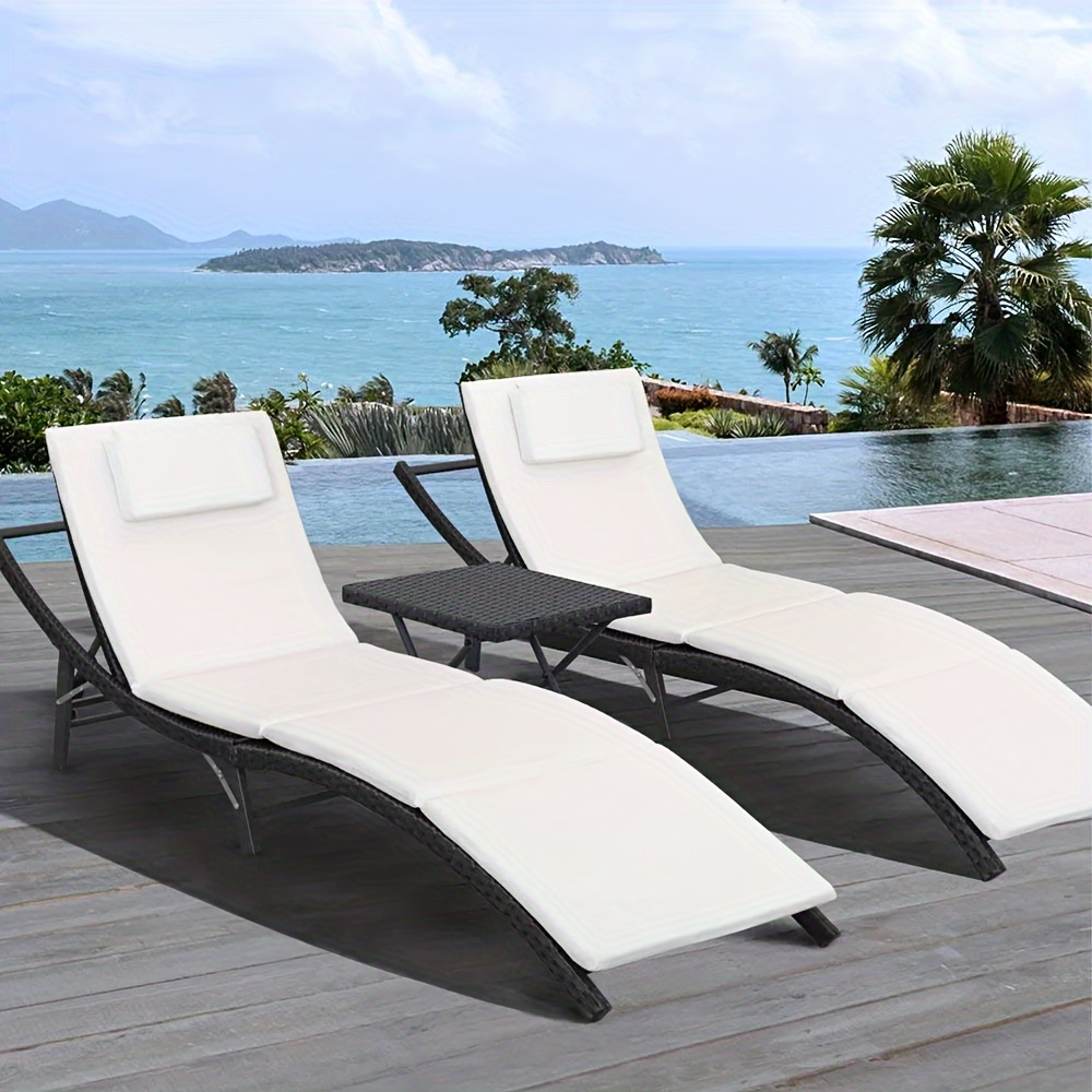 

Patio Chaise Lounge Sets Outdoor Rattan Adjustable Back 3 Pieces Cushioned Patio Folding Chaise Lounge With Folding Table