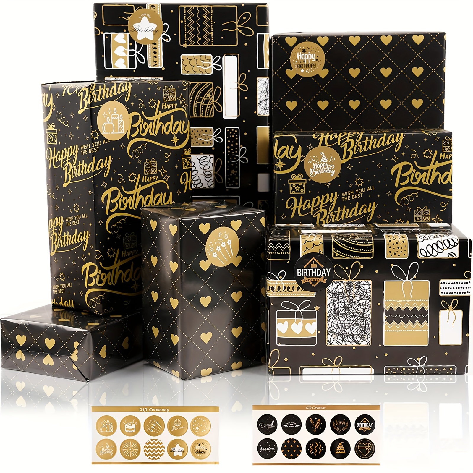 

Elegant Black & Golden Gift Wrapping Paper Set - 6 Sheets With Heart Patterns & Stickers, Perfect For Birthdays, Graduations, Baby Showers - 27.5"x19.7