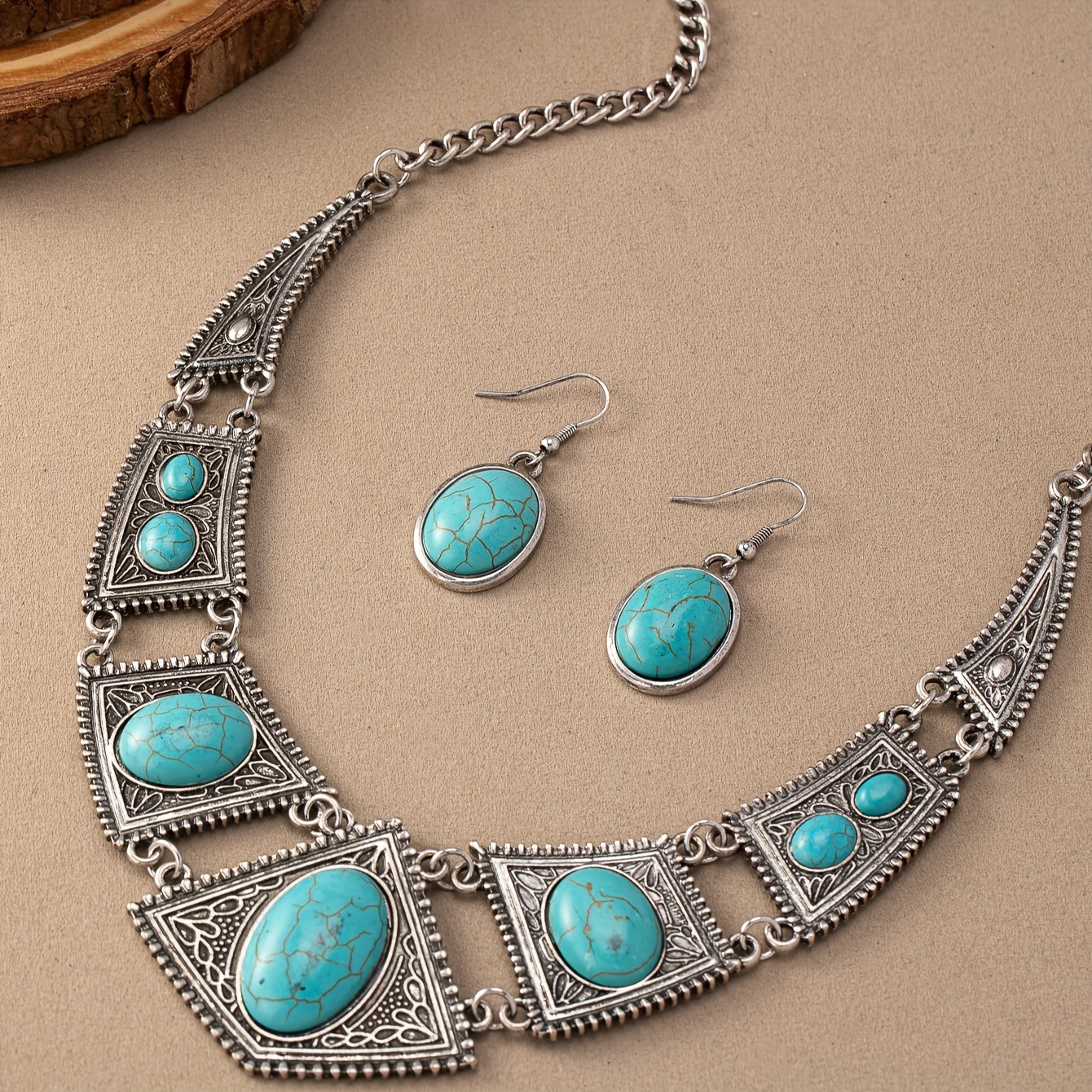 Vintage Western Bohemian Golden Turquoise Earrings & Necklace Set
