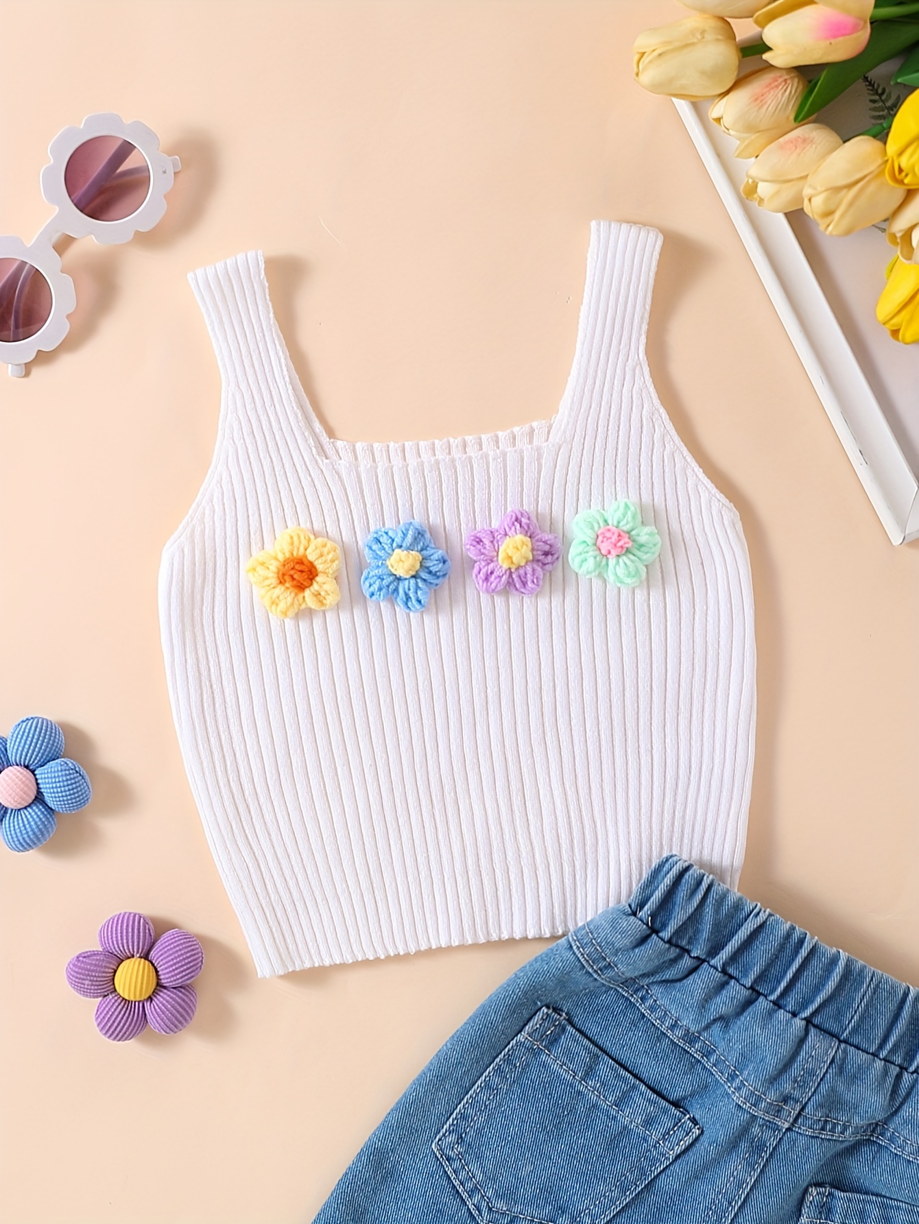 girl's sleeveless ribbed knit crop top casual 3d embroidered